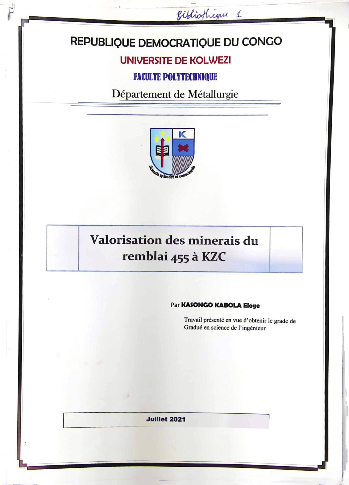First page of Valorisation des minerais du remblai 455 a KZC