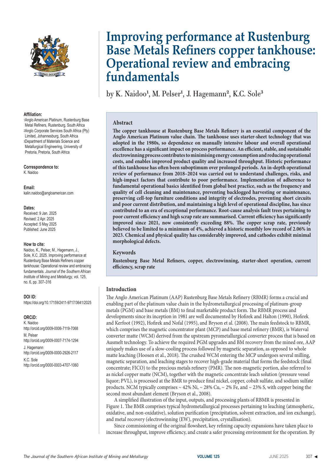 First page of The Journal of the Southern African Institute of Mining and Metallurgy