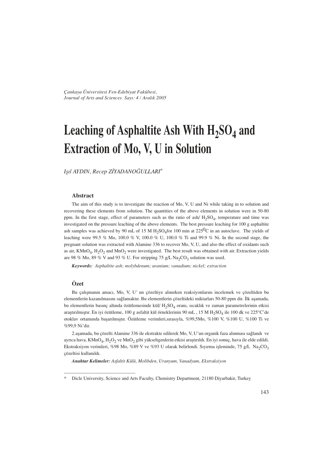 First page of Leaching of Asphaltite Ash With H2SO4 an