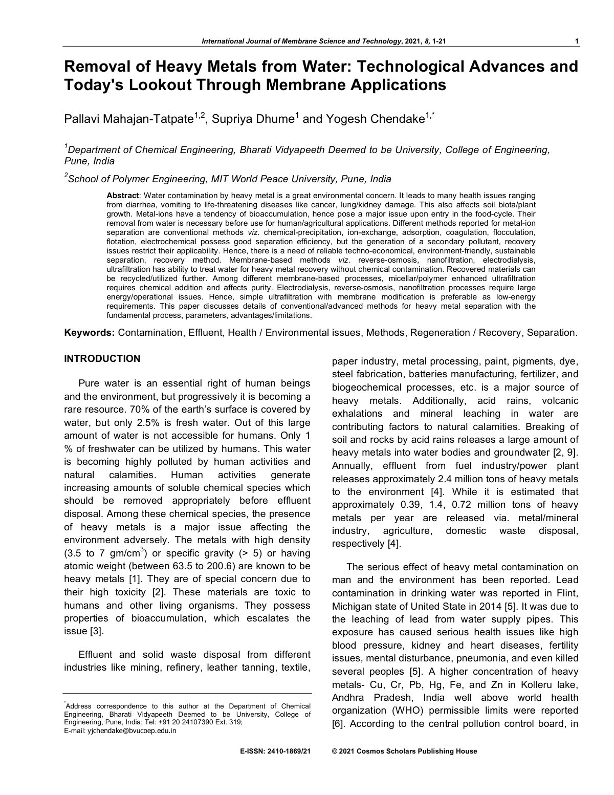 First page of Removal of Heavy Metals from Water: Technological Advances and Today's Lookout Through Membrane Applications