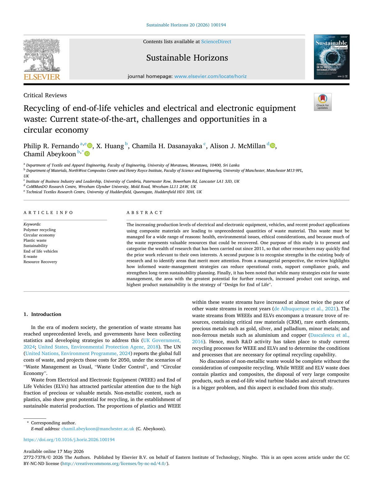 First page of Recycling of end of life vehicles and electrical and electronic 2026 Sustain