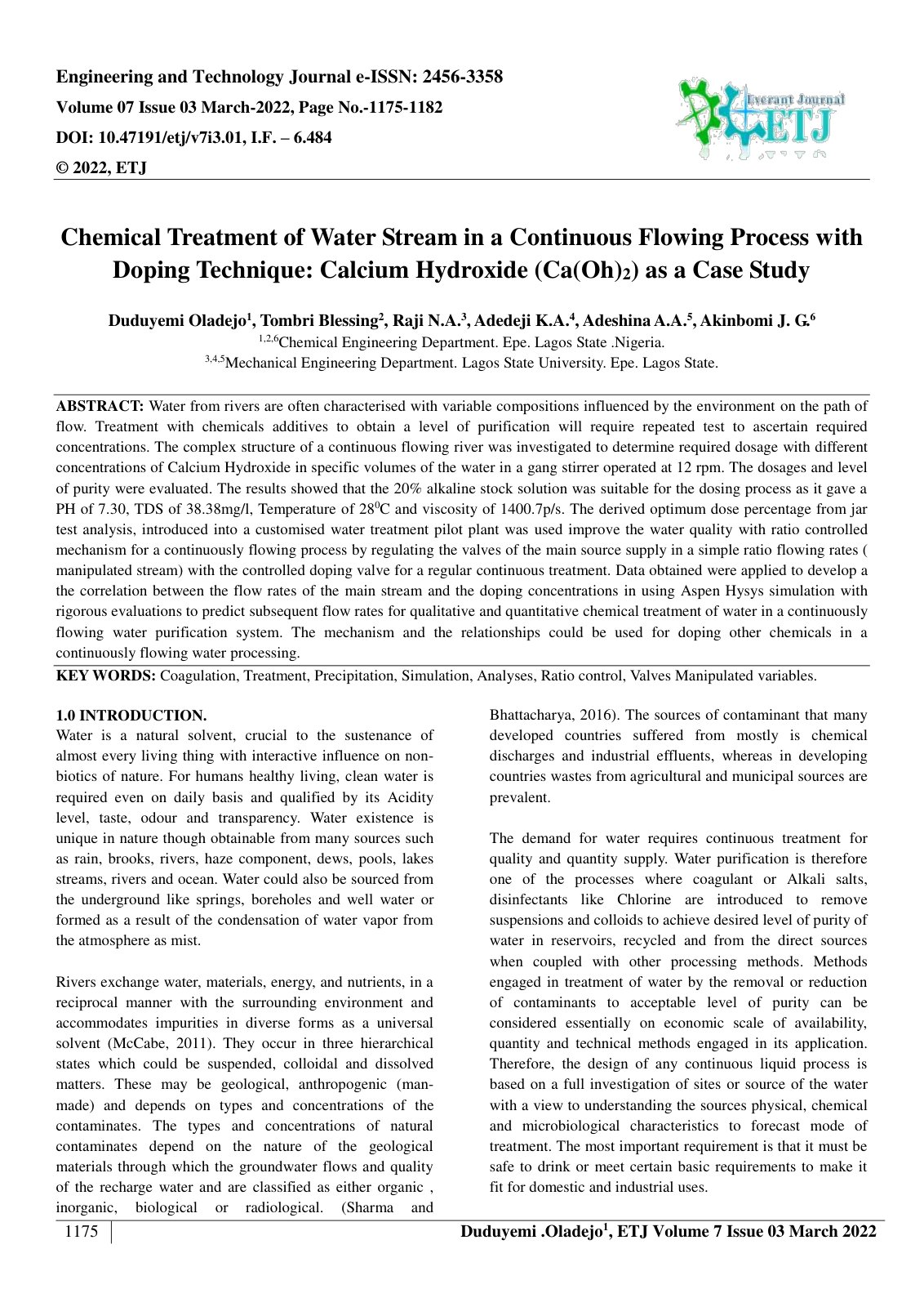 First page of Chemical Treatment of Water Stream in a Continuous Flowing Process with 