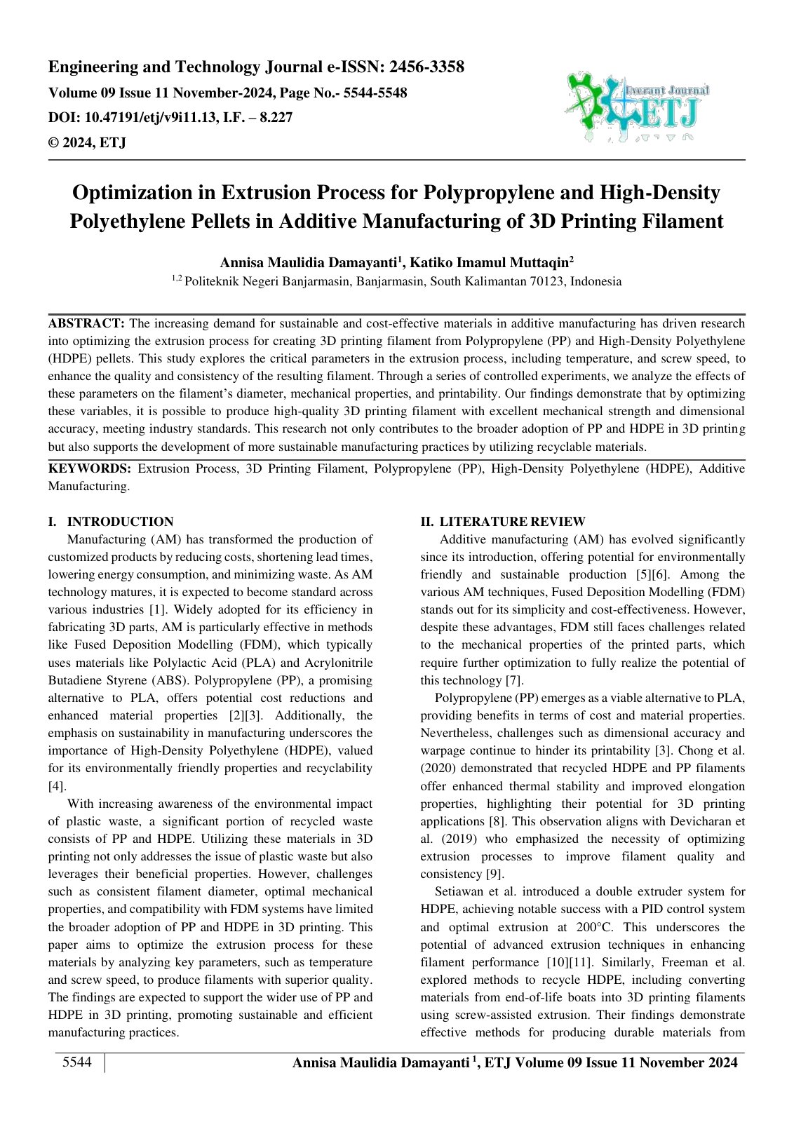First page of Optimization in Extrusion Process for Polypropylene and High Density 