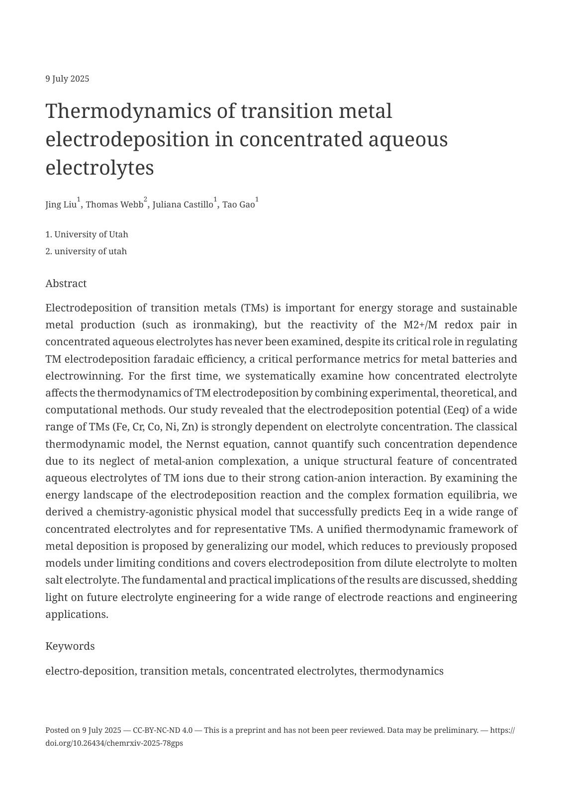 First page of Thermodynamics of transition metal electrodeposition in concentrated aqueous electrolytes