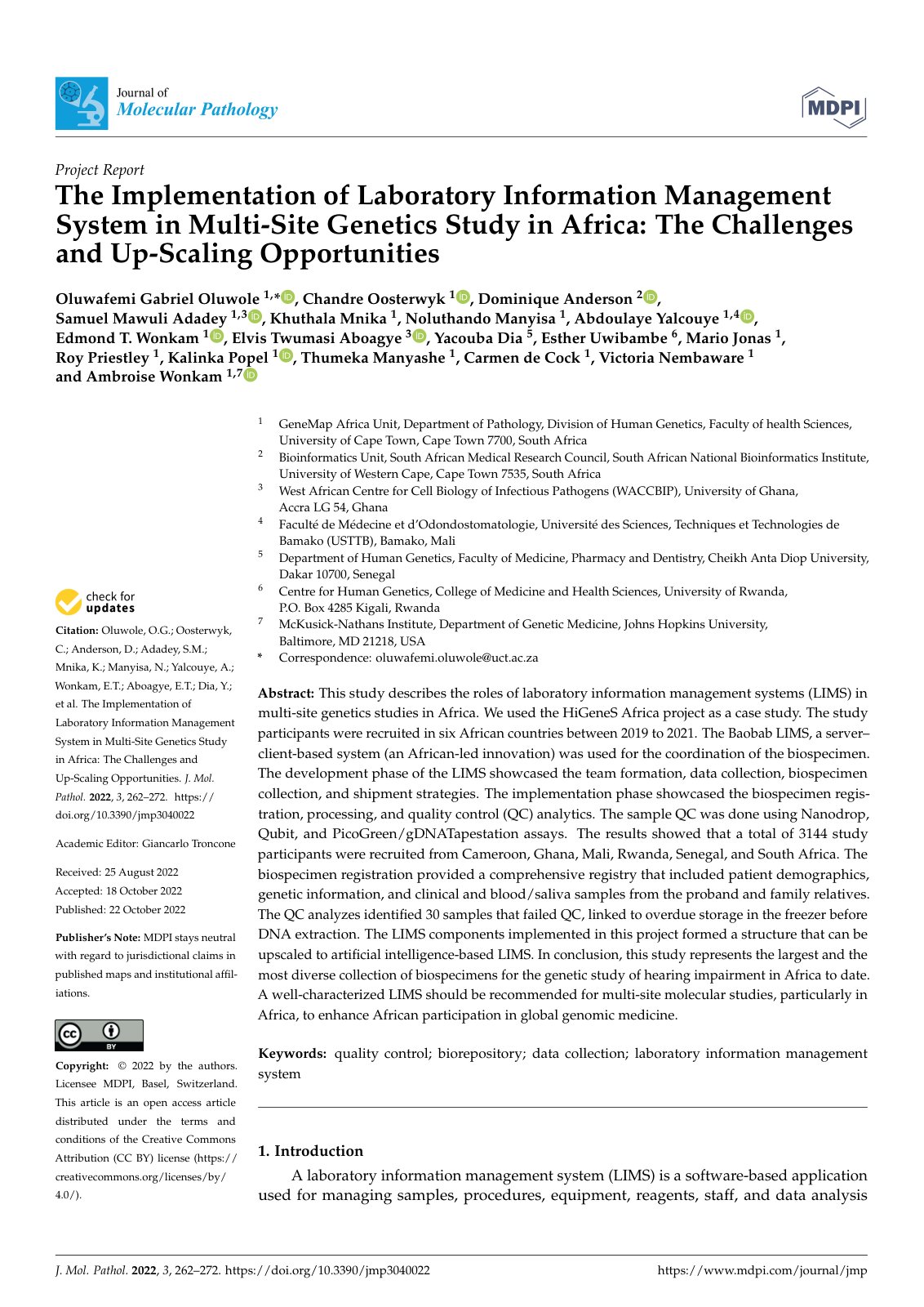 First page of The Implementation of Laboratory Information Management System in Multi-Site Genetics Study in Africa: The Challenges and Up-Scaling Opportunities