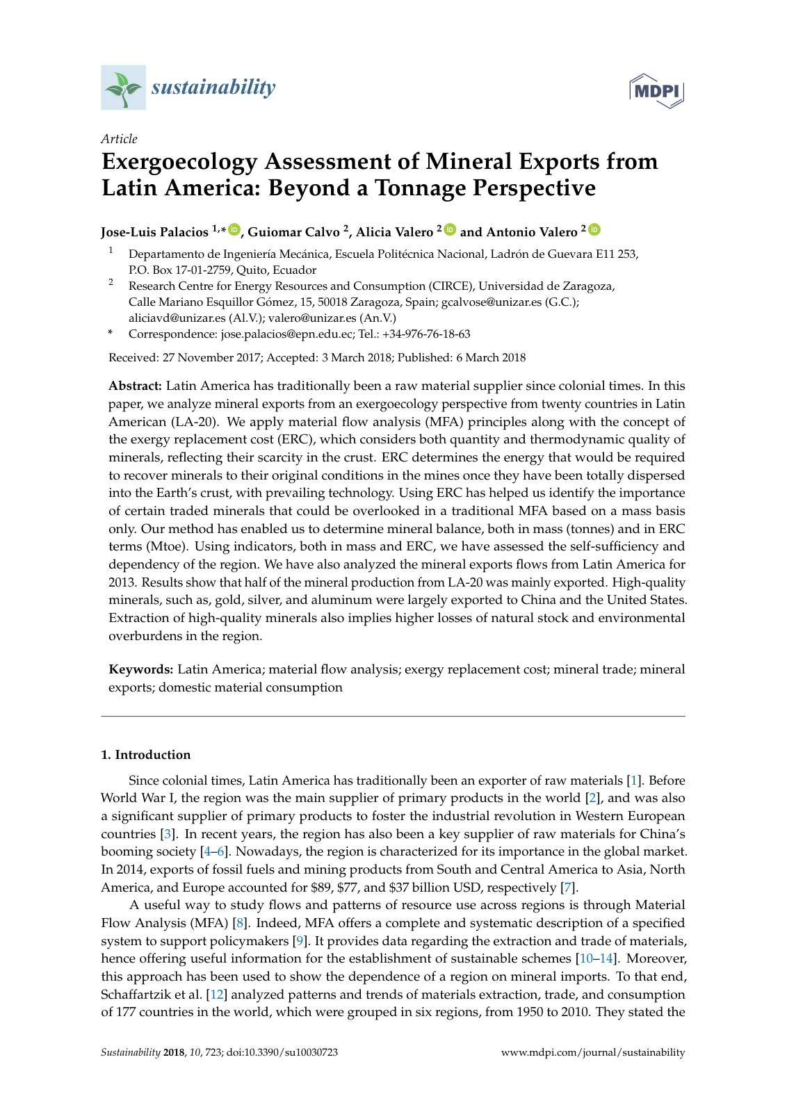 First page of Exergoecology Assessment of Mineral Exports from Latin America: Beyond a Tonnage Perspective