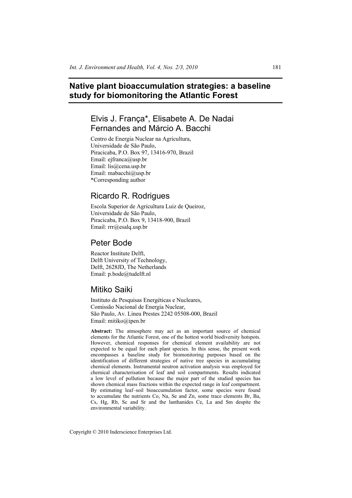 First page of Native plant bioaccumulation strategies: a baseline study for biomonitoring the Atlantic Forest