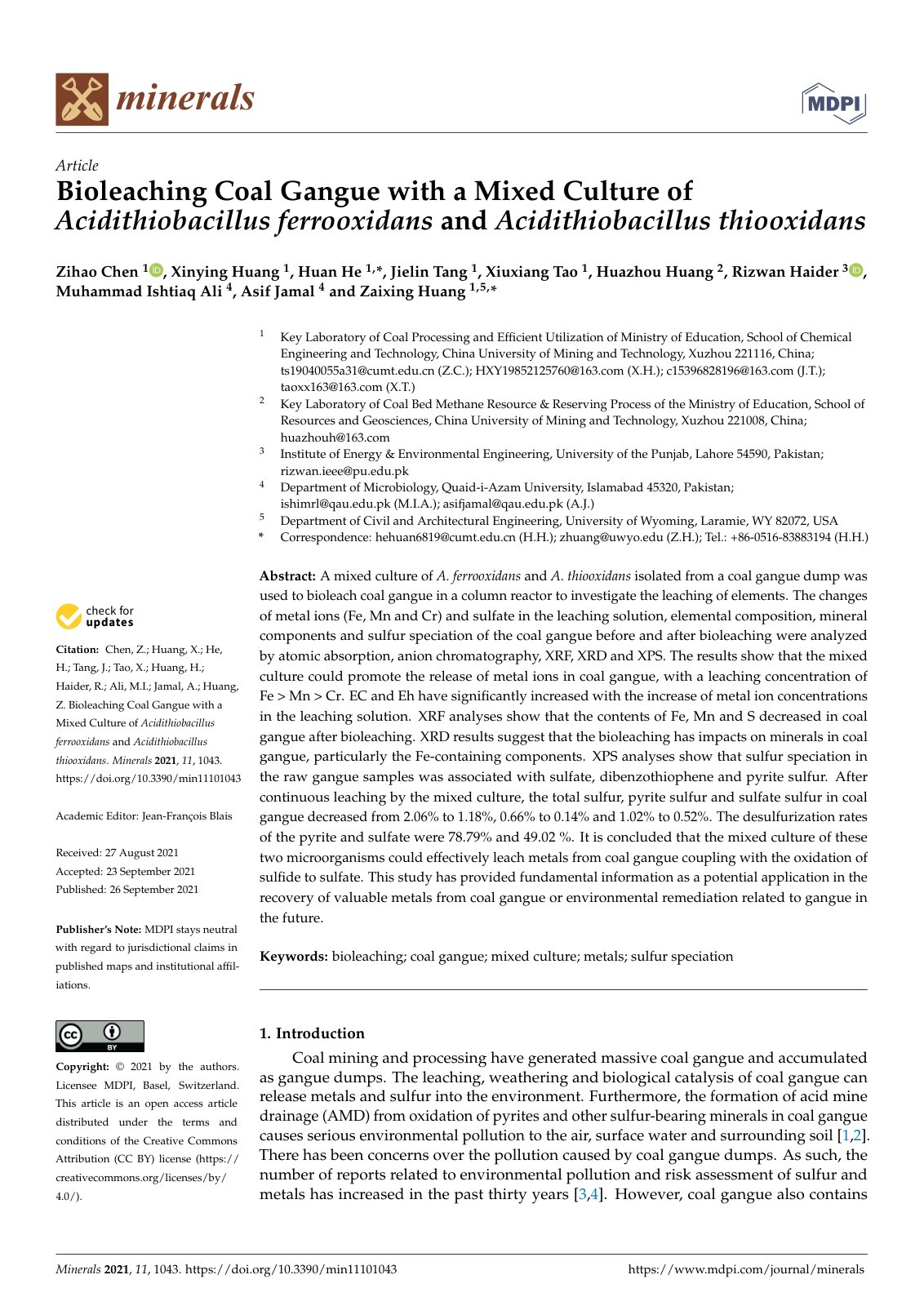 First page of 2021   Chen   Bioleaching metals from coal gangue