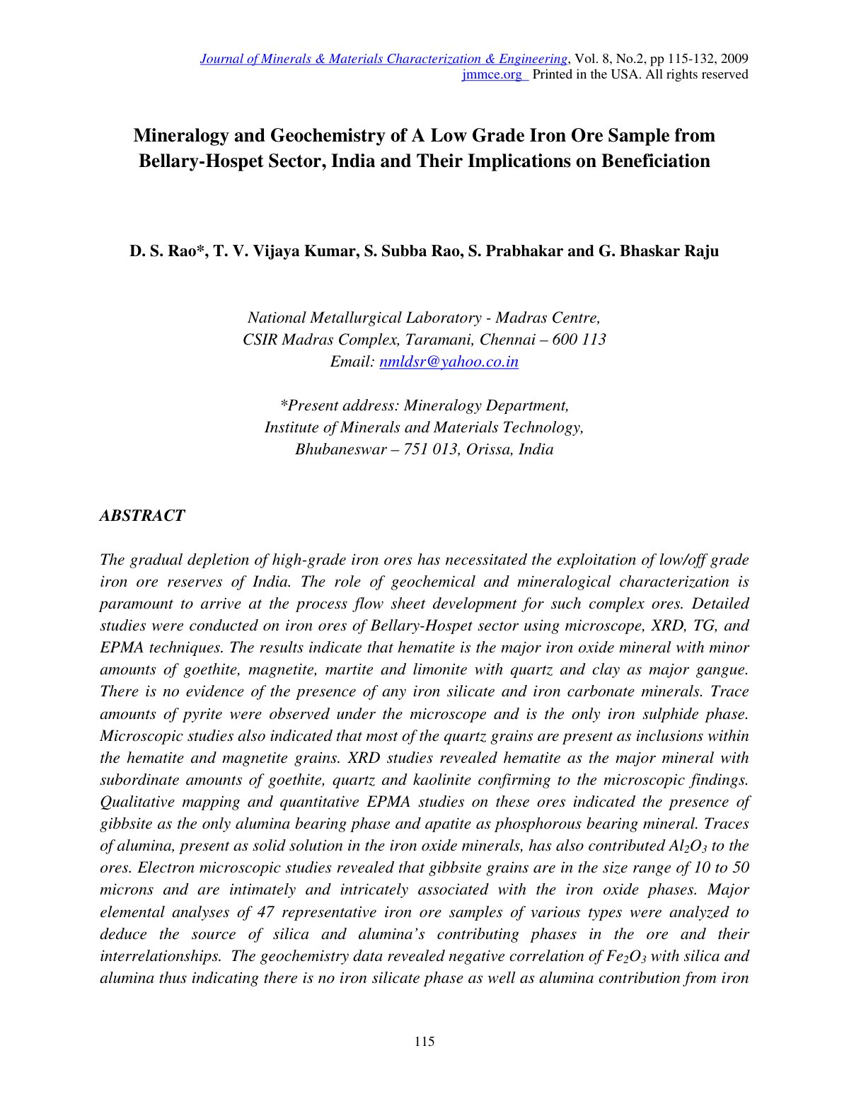 First page of Mineralogy and Geochemistry of A Low Grade Iron Ore Sample from Bellary-Hospet Sector, India and Their Implications on Beneficiation
