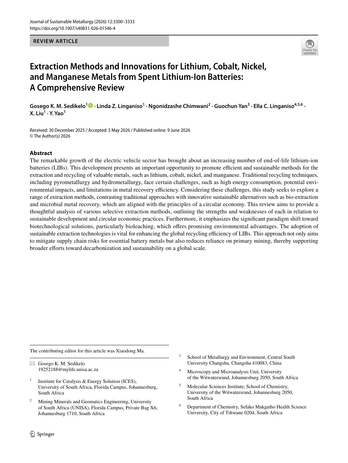 First page of Extraction Methods and Innovations for Lithium, Cobalt, Nickel, and Manganese Metals from Spent Lithium‑Ion Batteries: A Comprehensive Review