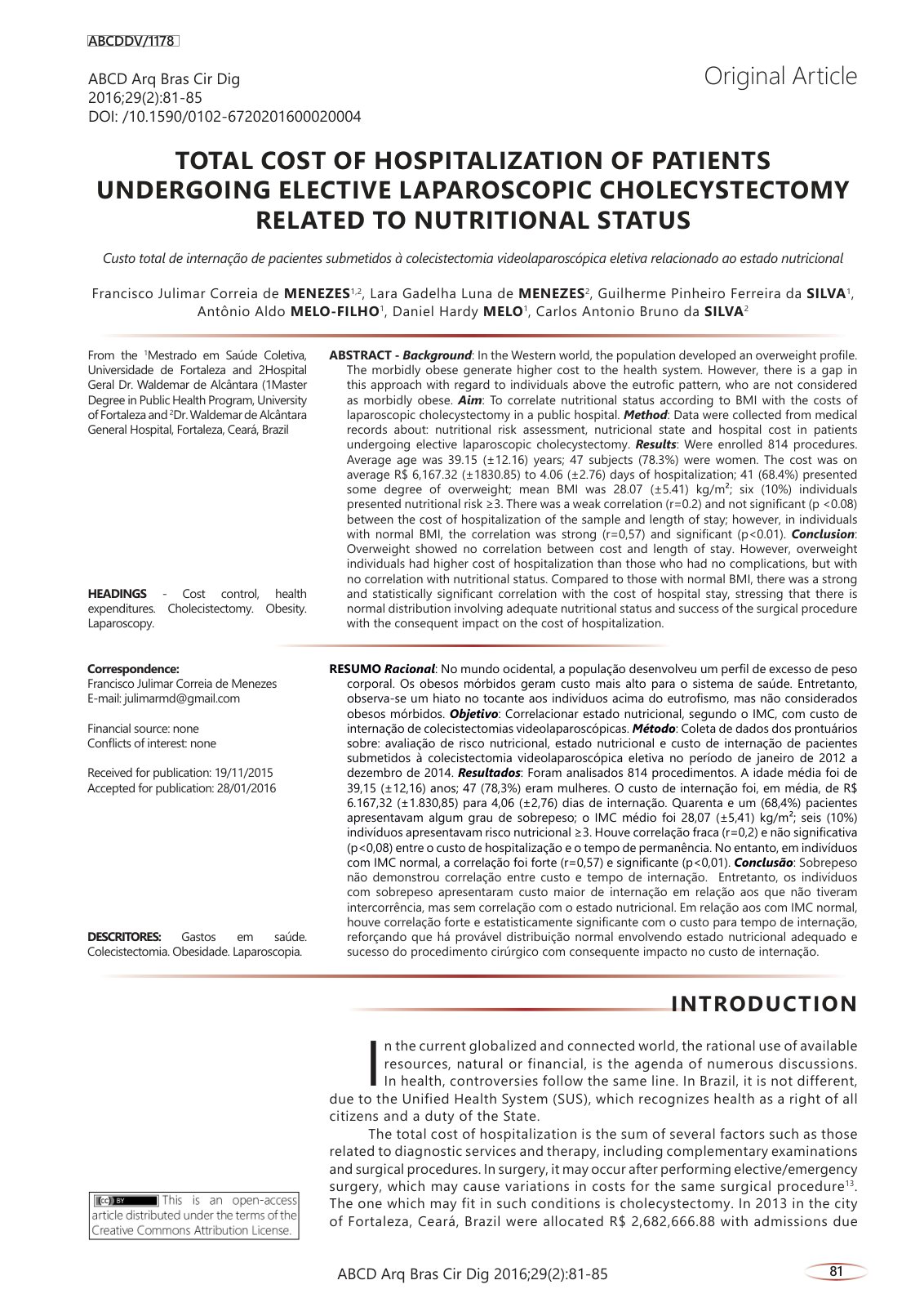 First page of TOTAL COST OF HOSPITALIZATION OF PATIENTS UNDERGOING ELECTIVE LAPAROSCOPIC CHOLECYSTECTOMY RELATED TO NUTRITIONAL STATUS