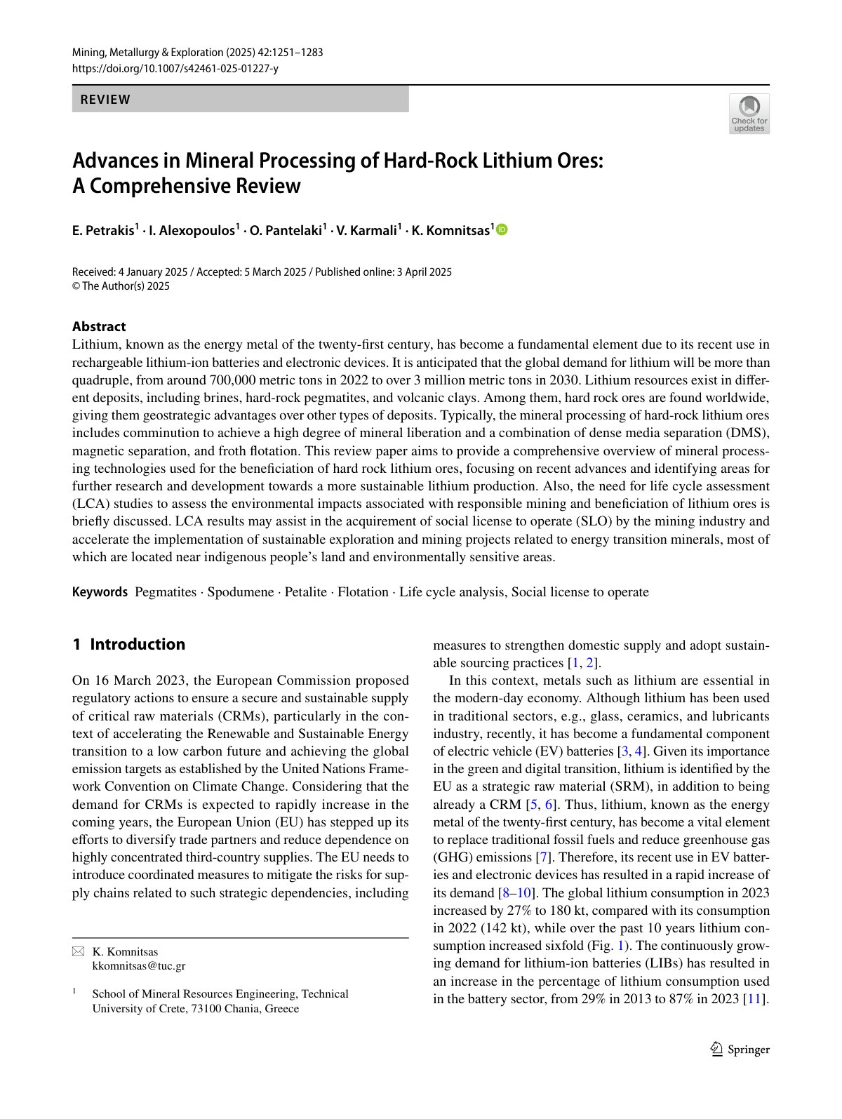 First page of Advances in Mineral Processing of Hard-Rock Lithium Ores: A Comprehensive Review