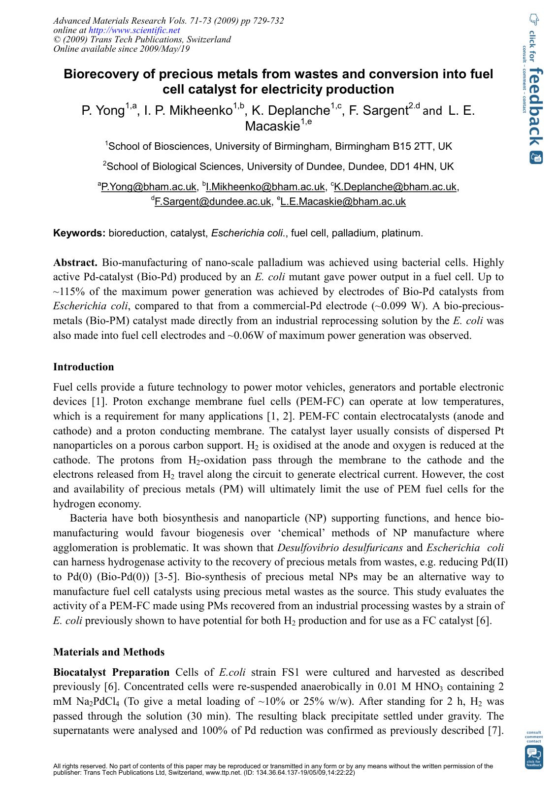 First page of Biorecovery of precious metals from wast