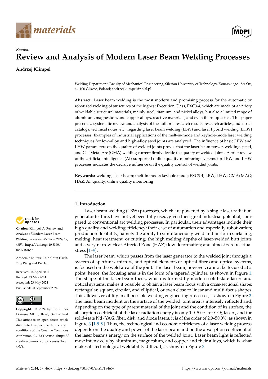 First page of Review and Analysis of Modern Laser Beam Welding Processes