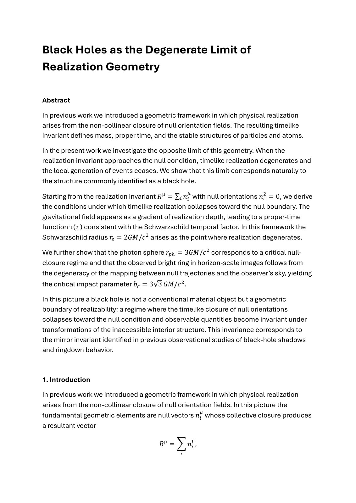 First page of Black Holes as the Degenerate Limit of R