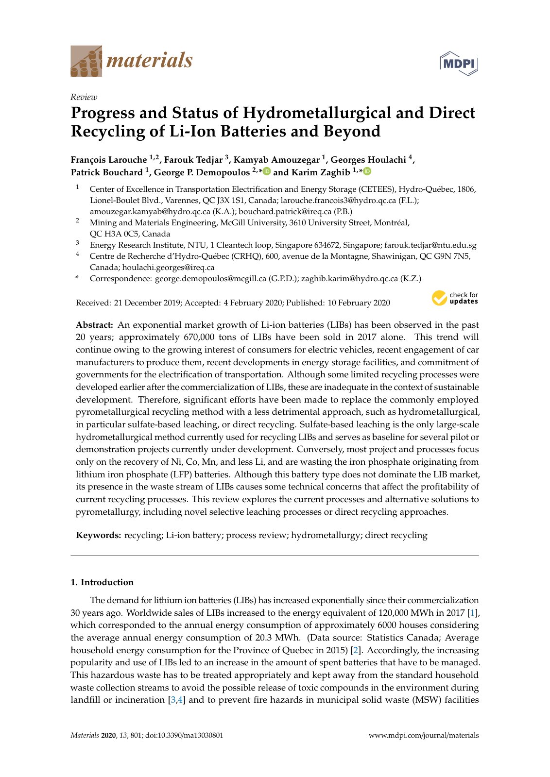 First page of Progress and Status of Hydrometallurgical and Direct Recycling of Li-Ion Batteries and Beyond