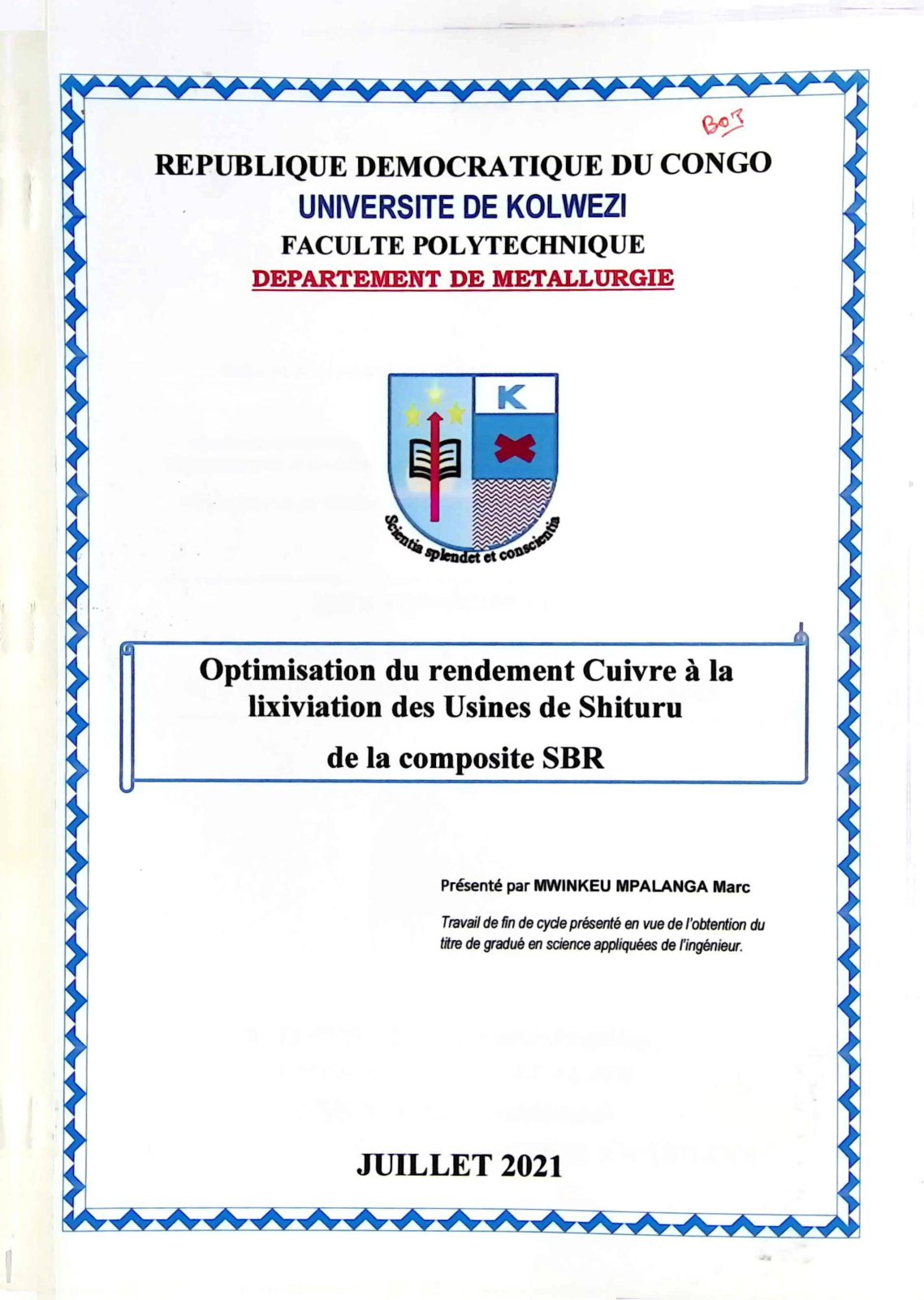 First page of Optimisation du rendement Cuivre a la lixiviation des Usines de Sbituru de la composite SBR