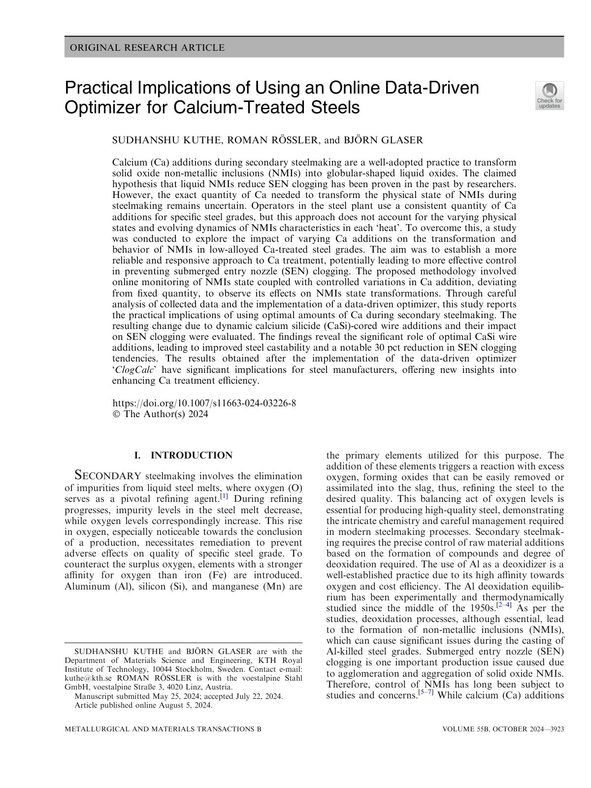 First page of Practical Implications of Using an Online Data-Driven Optimizer for Calcium-Treated Steels