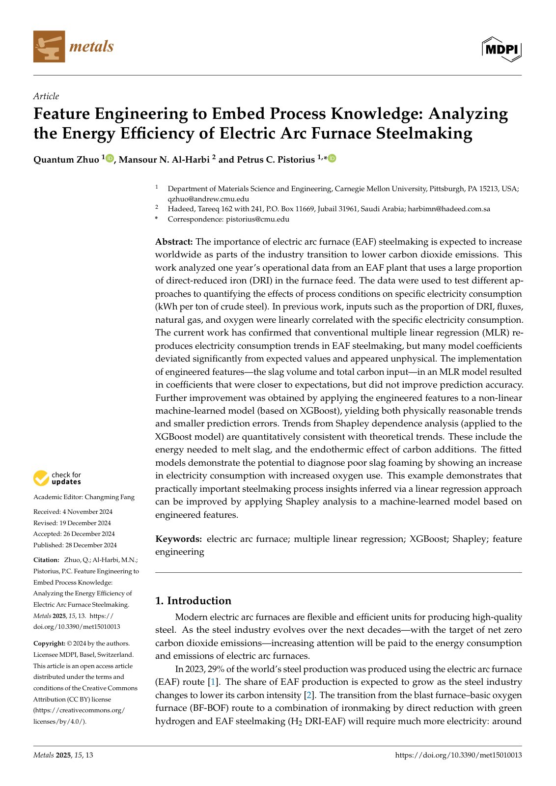 First page of Feature Engineering to Embed Process Knowledge: Analyzing the Energy Efficiency of Electric Arc Furnace Steelmaking