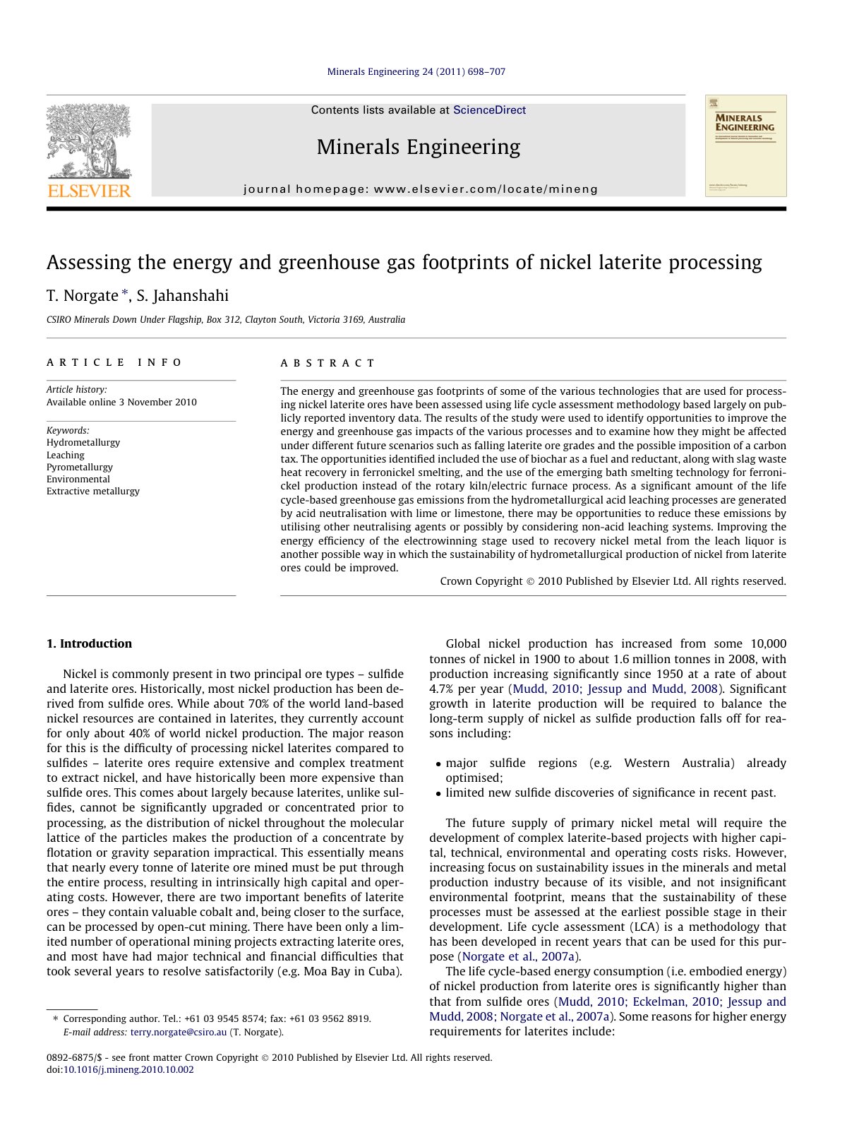 First page of Assessing the energy and greenhouse gas footprints of nickel laterite processing