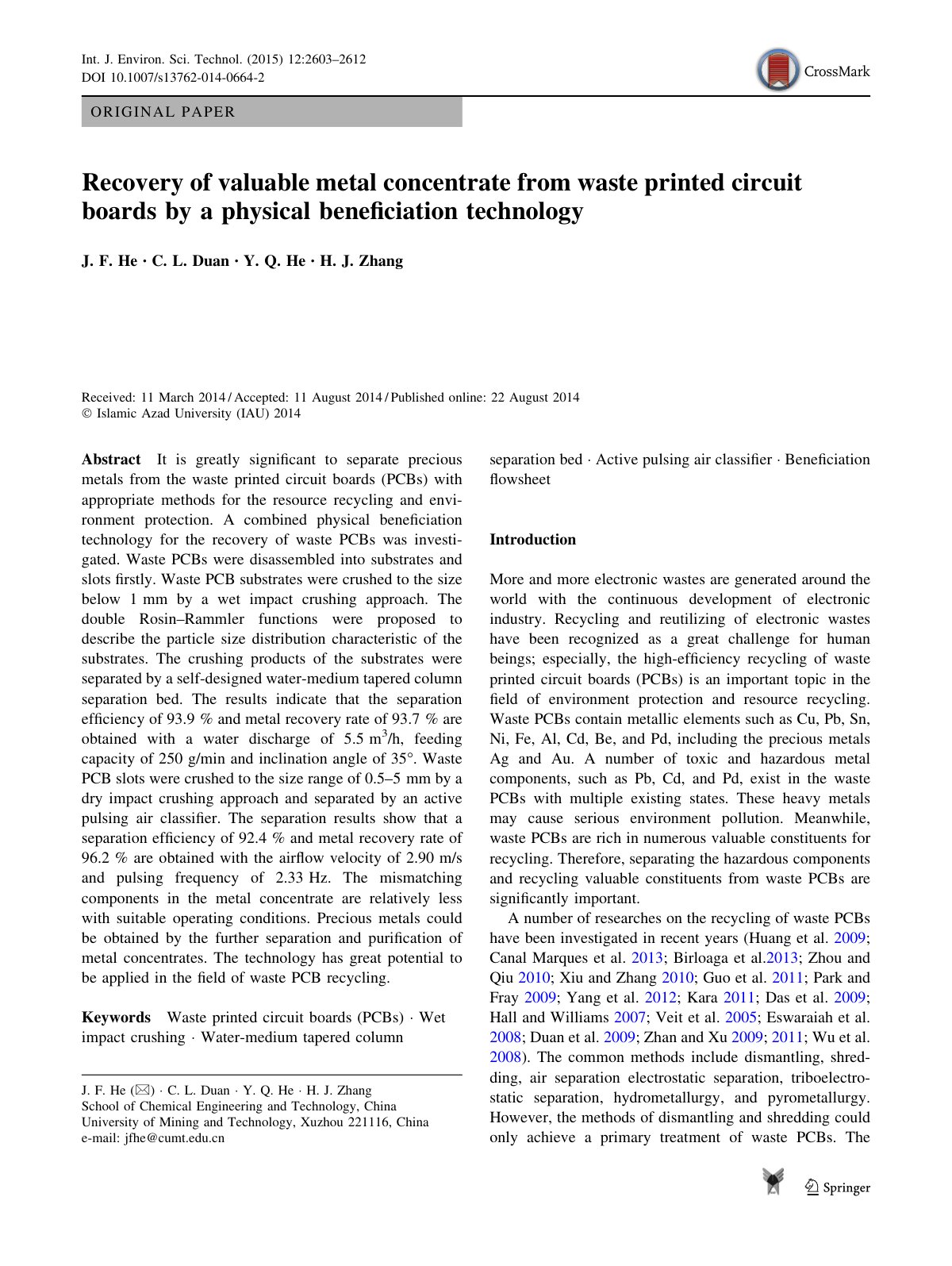 First page of Recovery of valuable metal concentrate f