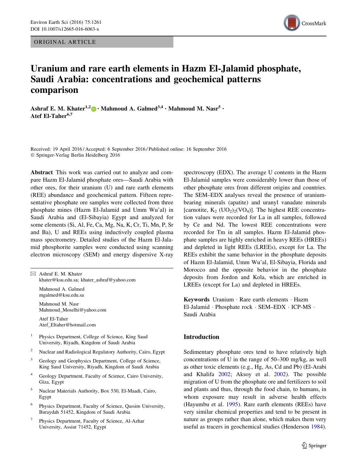 First page of Uranium and rare earth elements in Hazm El-Jalamid phosphate, Saudi Arabia: concentrations and geochemical patterns comparison