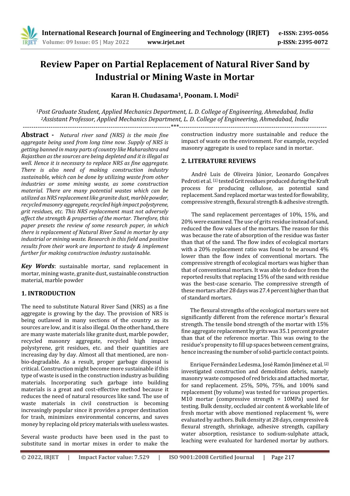 First page of Review Paper on Partial Replacement of Natural River Sand by Industrial or Mining Waste in Mortar