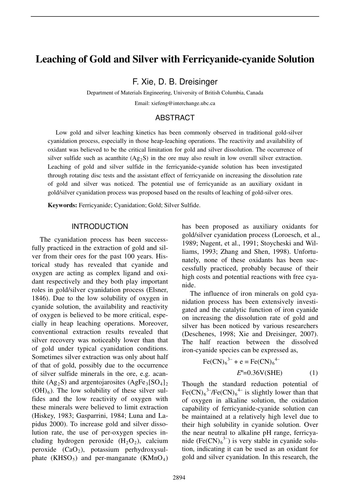 First page of Leaching of Gold and Silver with Ferricyanide-cyanide Solution