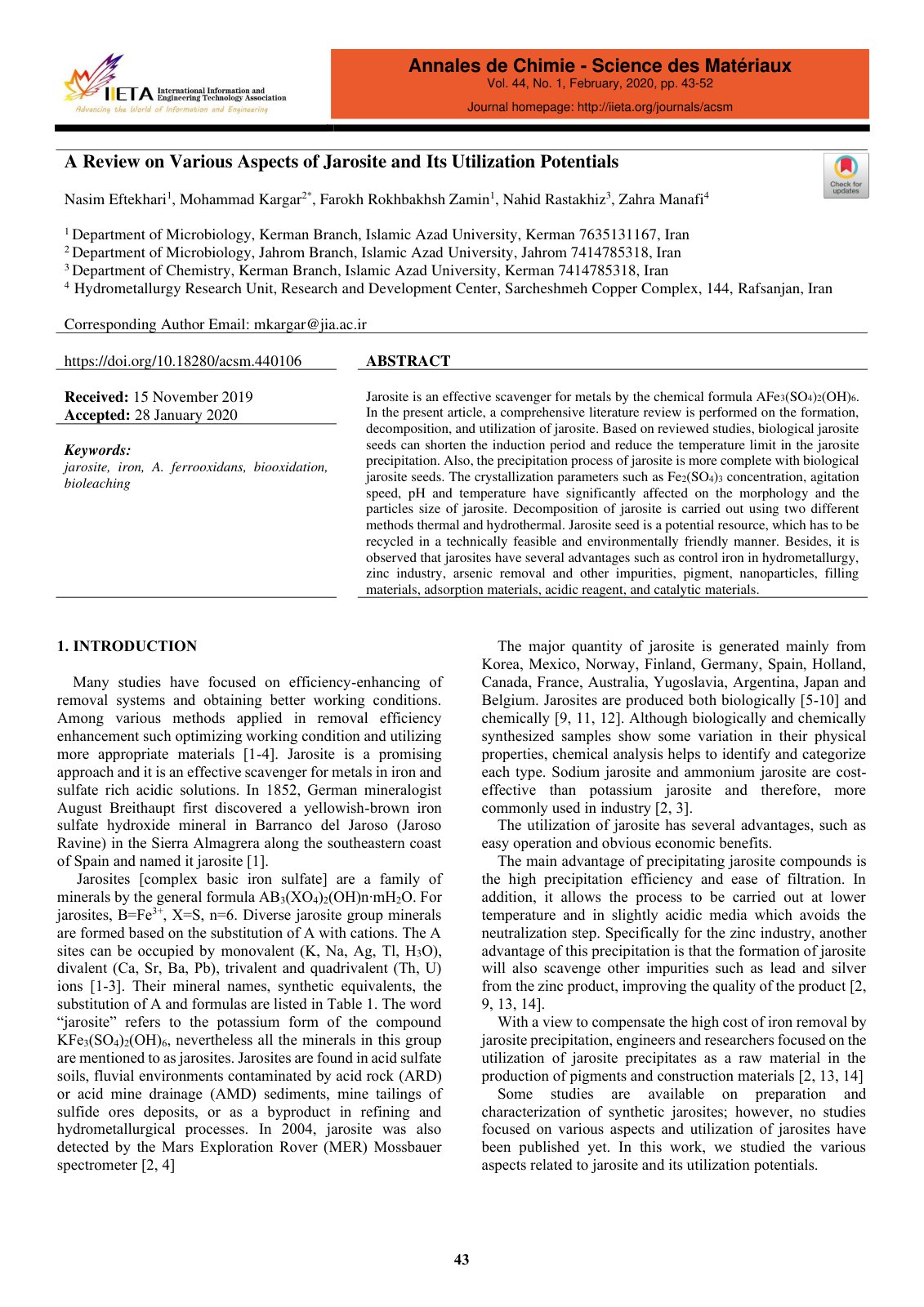 First page of A Review on Various Aspects of Jarosite and Its Utilization Potentials