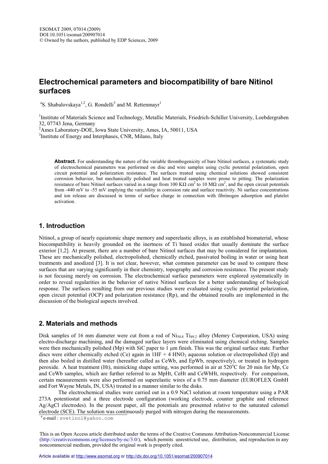 First page of Electrochemical parameters and biocompatibility of bare Nitinol surfaces