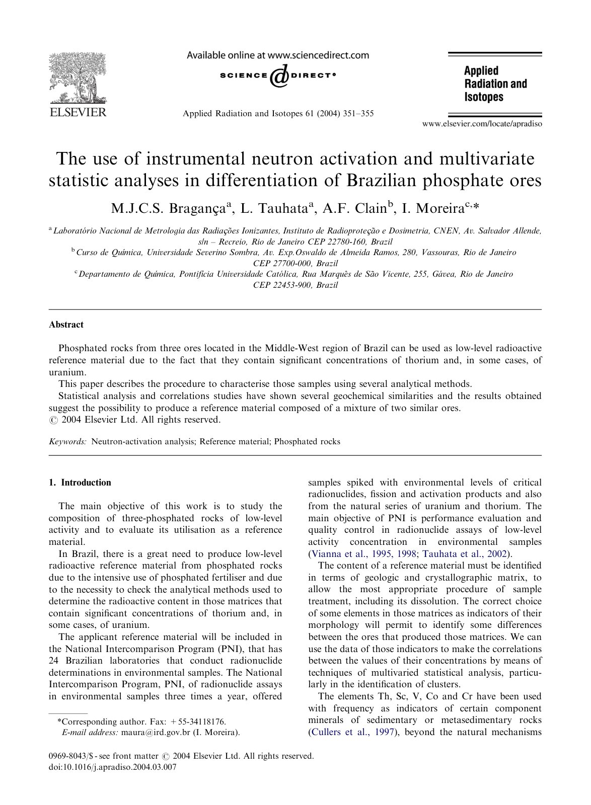 First page of The use of instrumental neutron activation and multivariate statistic analyses in differentiation of Brazilian phosphate ores