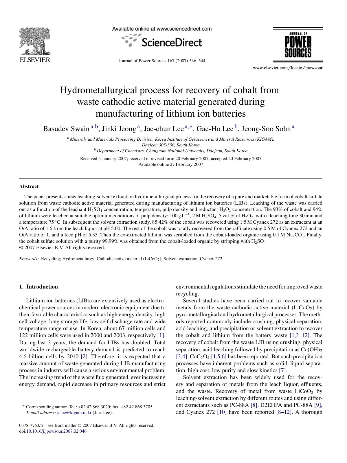 First page of Hydrometallurgical process for recovery