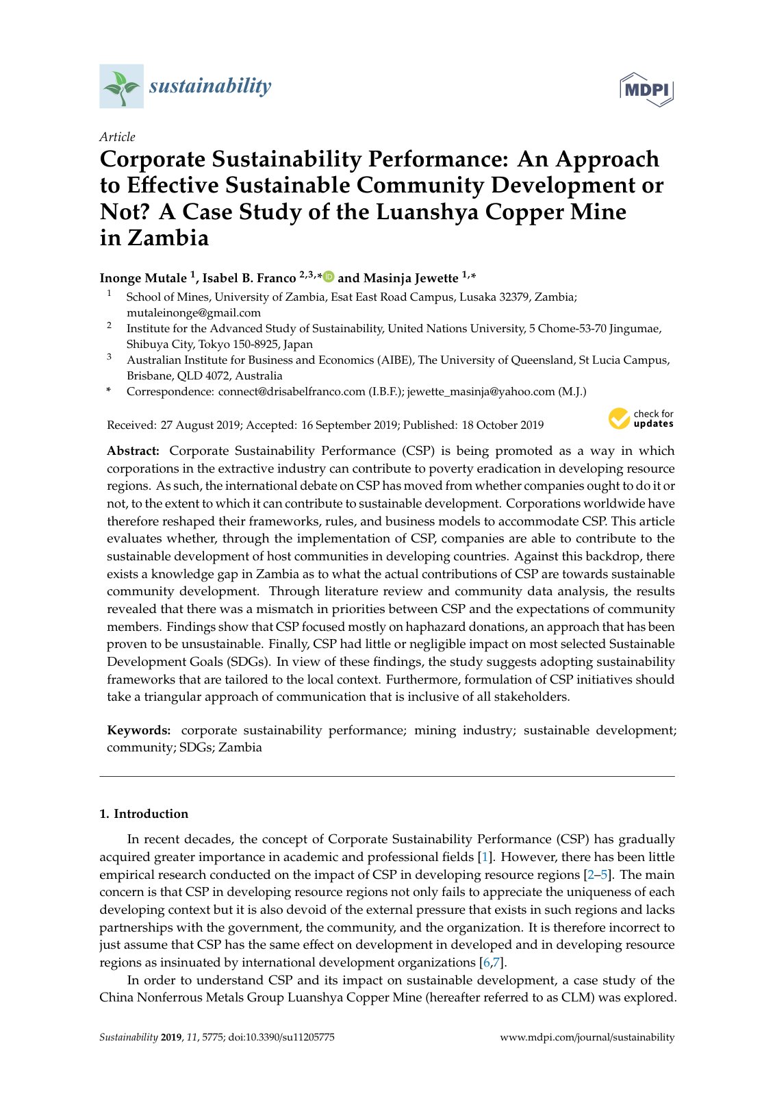 First page of Corporate Sustainability Performance: An Approach to Effective Sustainable Community Development or Not? A Case Study of the Luanshya Copper Mine in Zambia