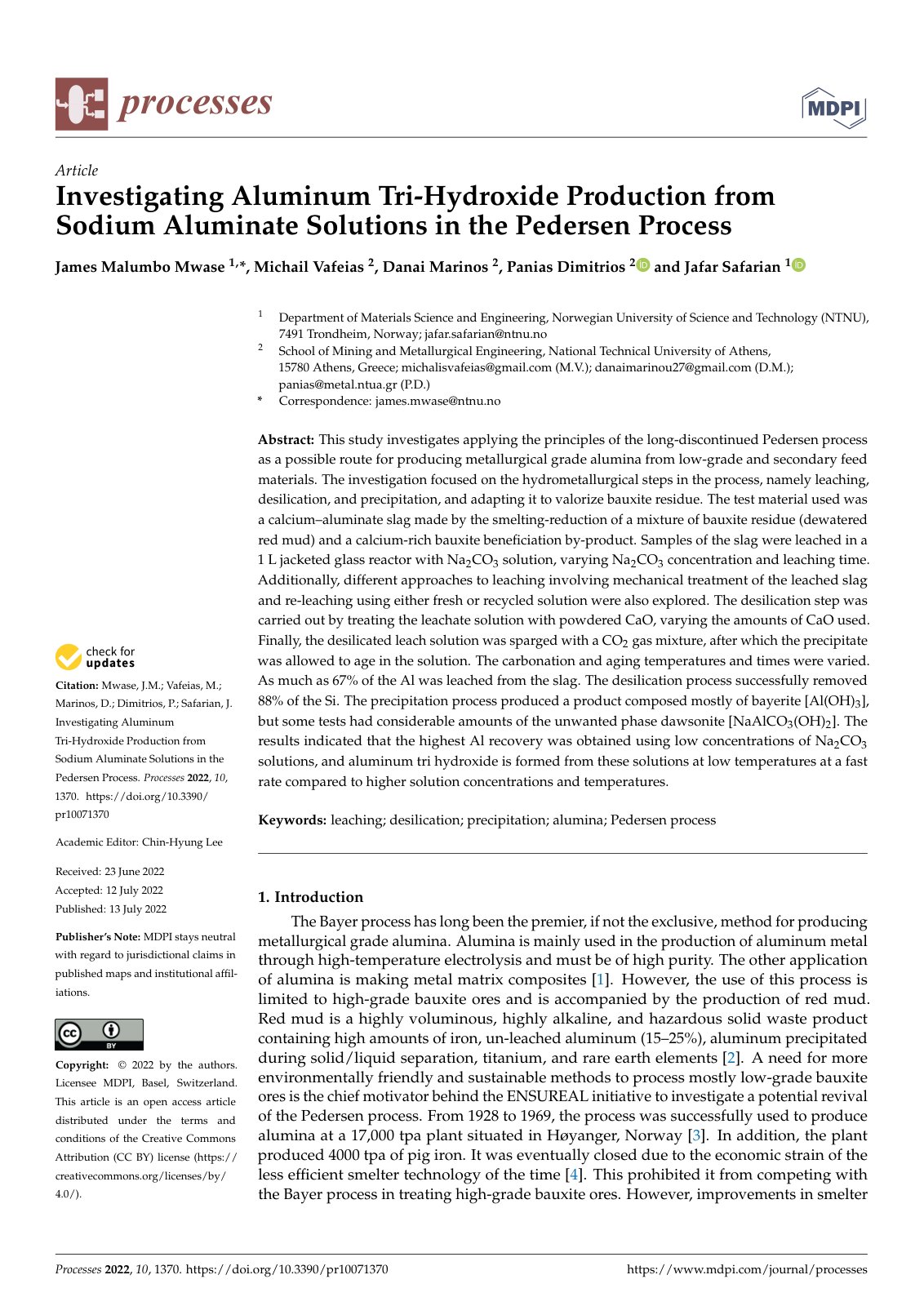 First page of Investigating Aluminum Tri-Hydroxide Production from Sodium Aluminate Solutions in the Pedersen Process