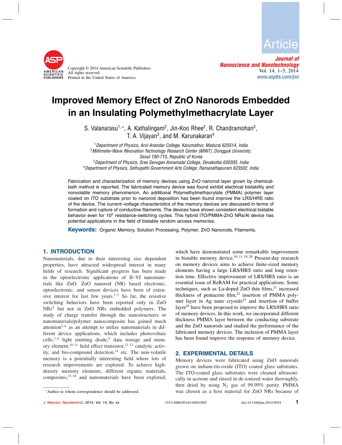 First page of Improved Memory Effect of ZnO Nanorods E