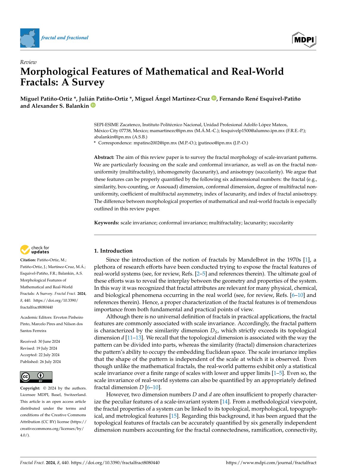 First page of Morphological Features of Mathematical and Real-World Fractals: A Survey