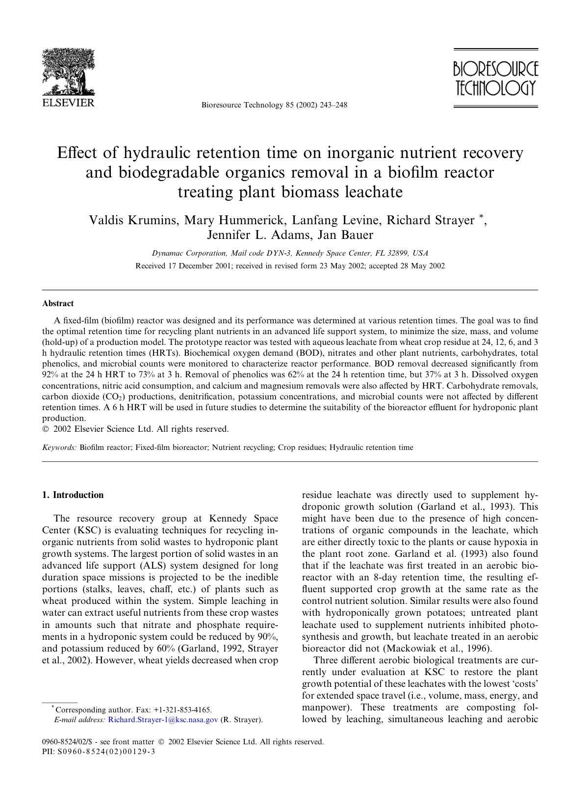 First page of Effect of hydraulic retention time on in