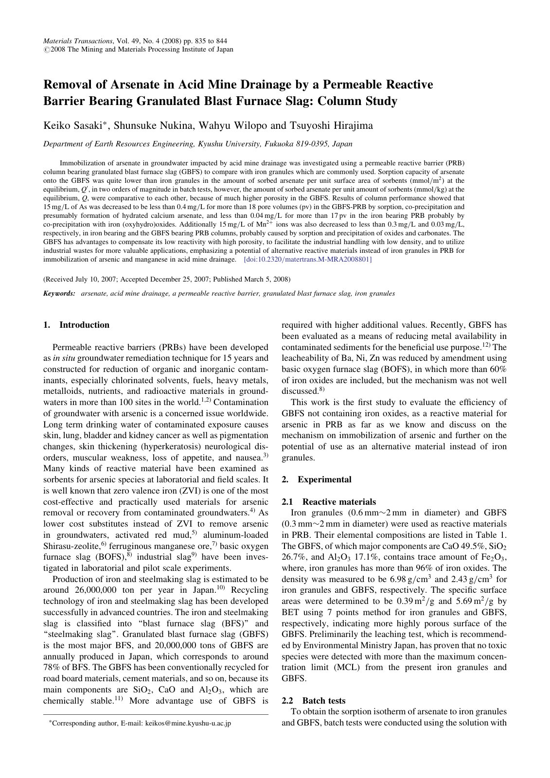 First page of Removal of Arsenate in Acid Mine Drainag