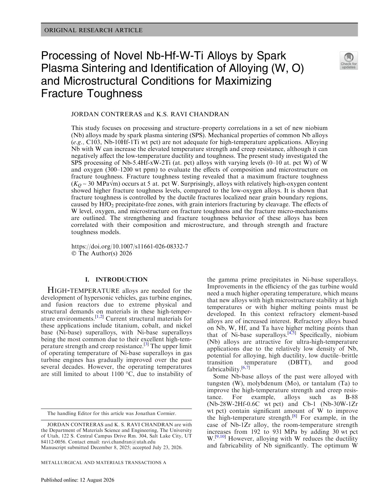 First page of Processing of Novel Nb-Hf-W-Ti Alloys by Spark Plasma Sintering and Identiﬁcation of Alloying (W, O) and Microstructural Conditions for Maximizing Fracture Toughness