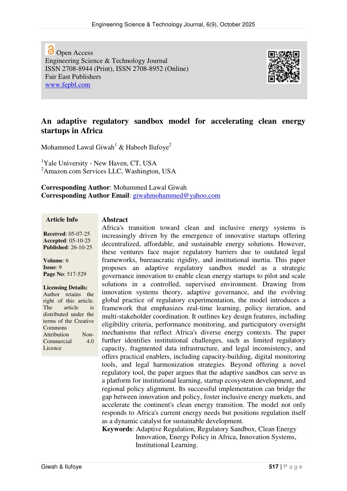 First page of An adaptive regulatory sandbox model for accelerat