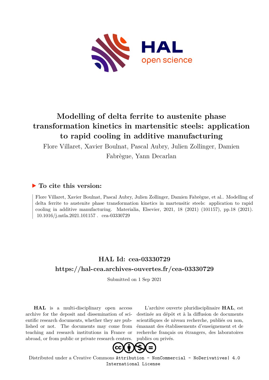 First page of Modelling of delta ferrite to austenite phase transformation kinetics in martensitic steels: application to rapid cooling in additive manufacturing