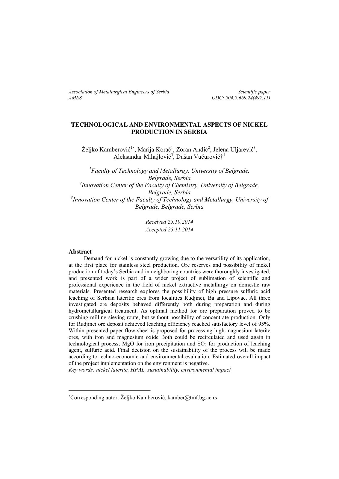 First page of TECHNOLOGICAL AND ENVIRONMENTAL ASPECTS OF NICKEL PRODUCTION IN SERBIA