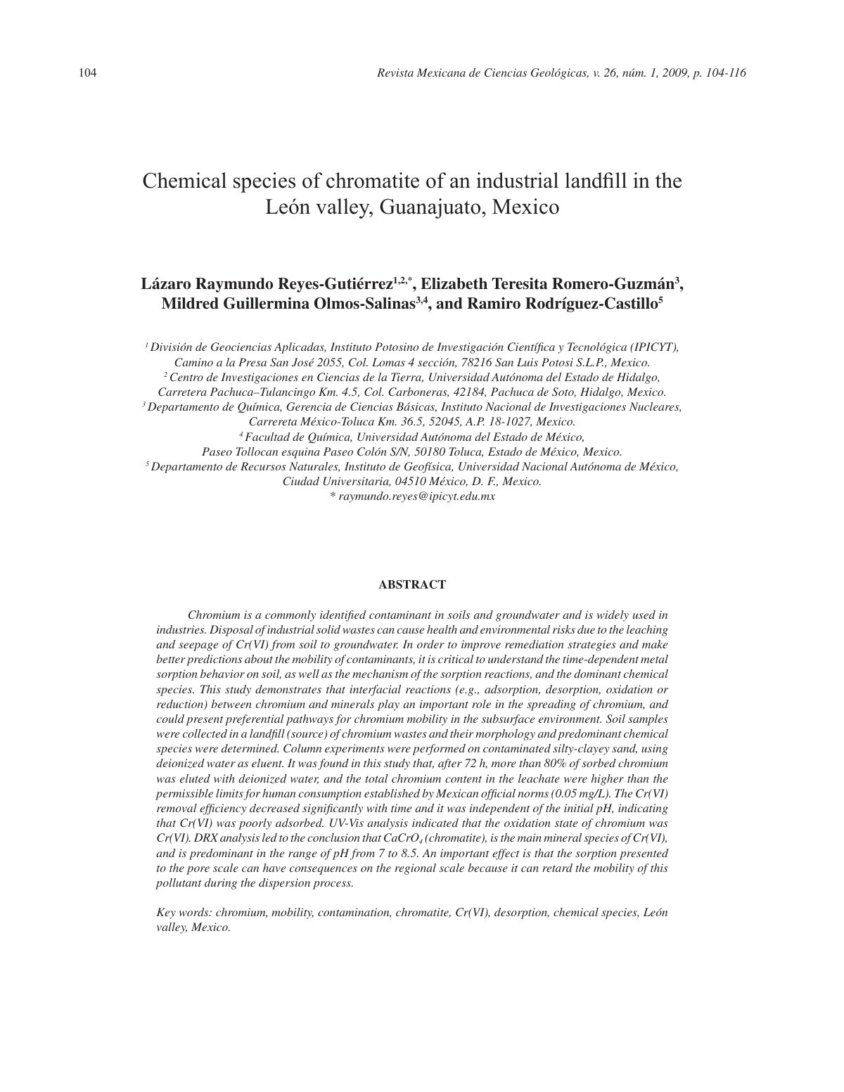 First page of Chemical species of chromatite of an industrial landﬁ ll in the León valley, Guanajuato, Mexico