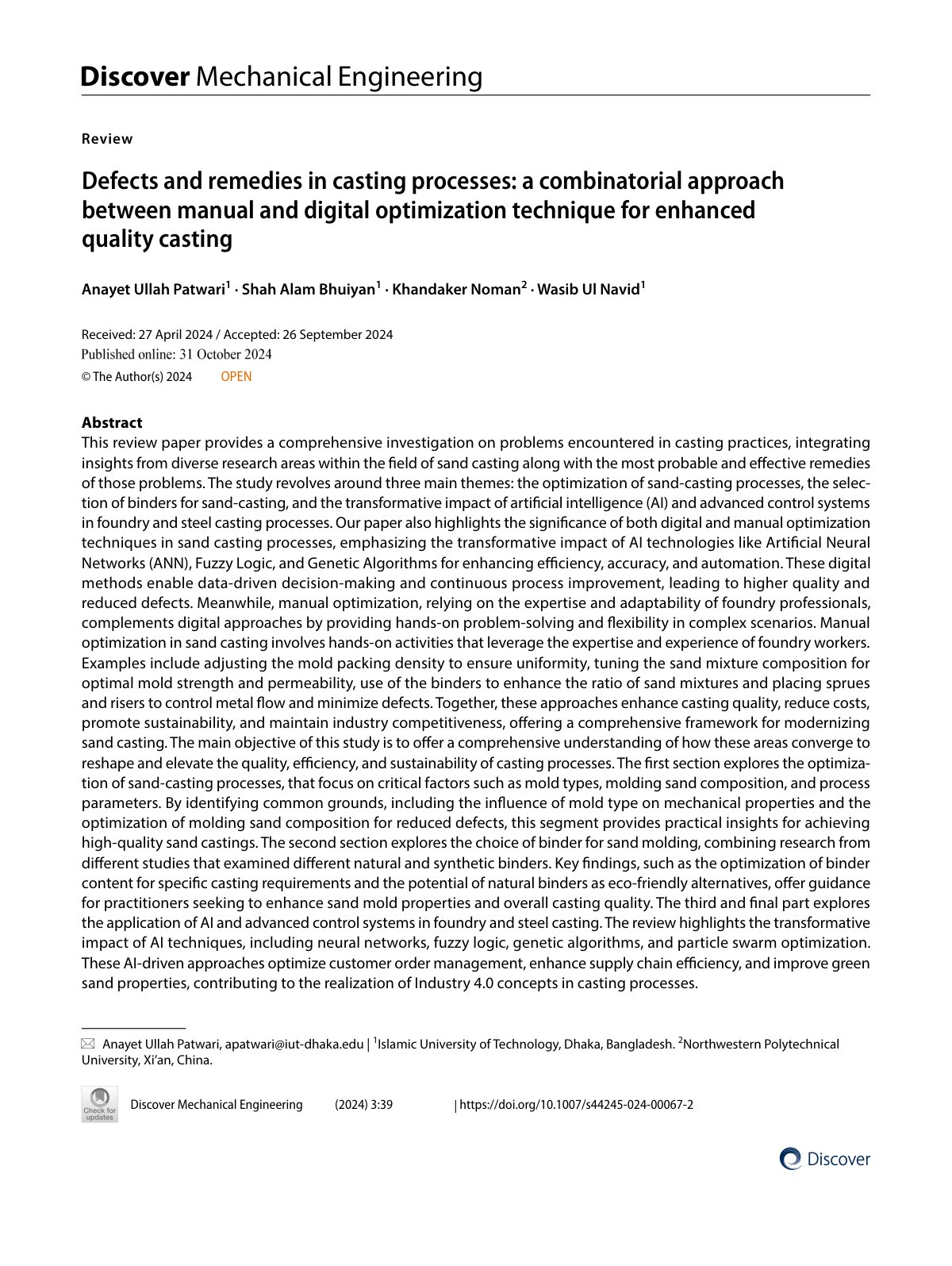 First page of Defects and remedies in casting processes: a combinatorial approach between manual and digital optimization technique for enhanced quality casting
