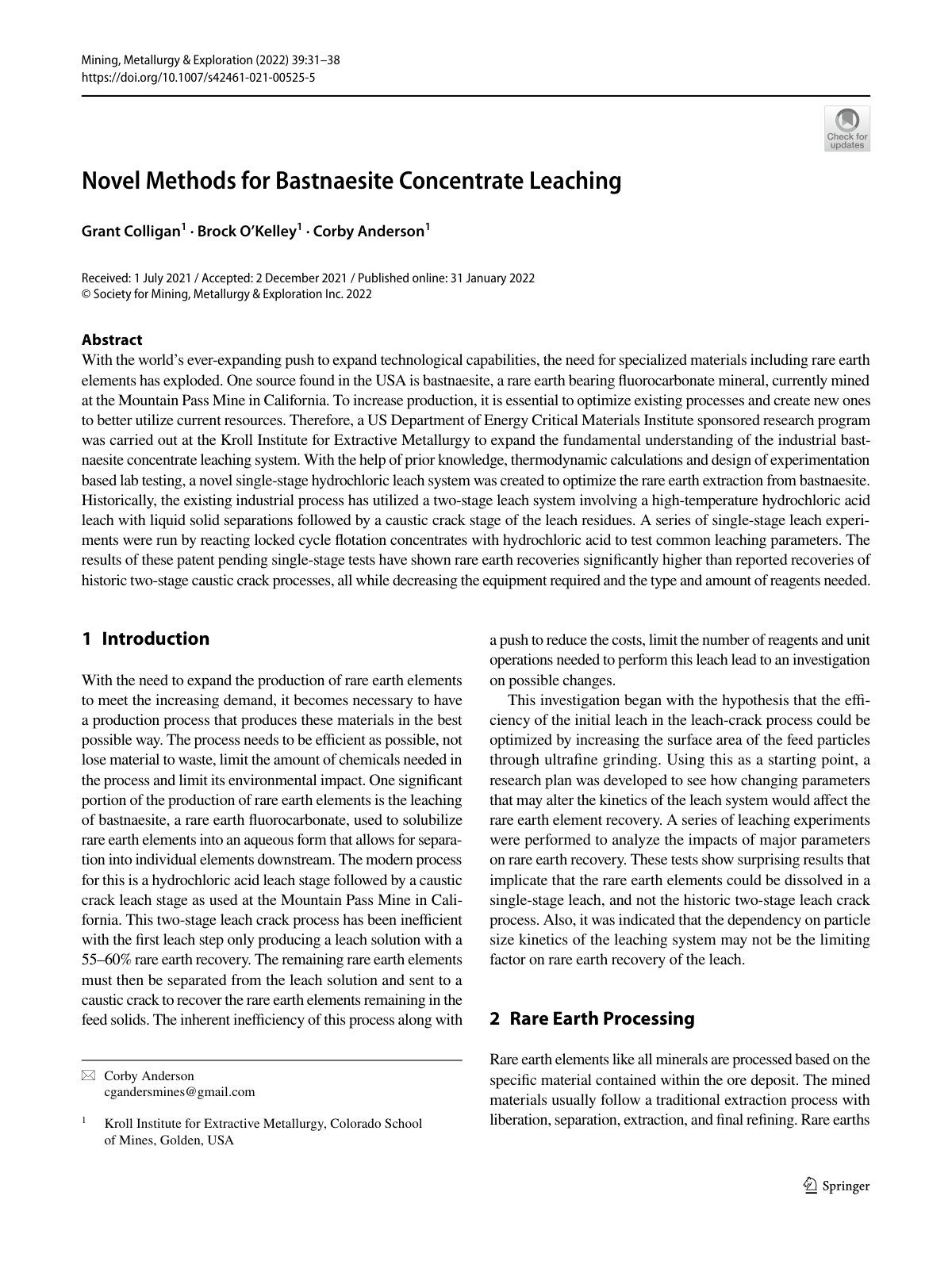 First page of Novel Methods for Bastnaesite Concentrate Leaching