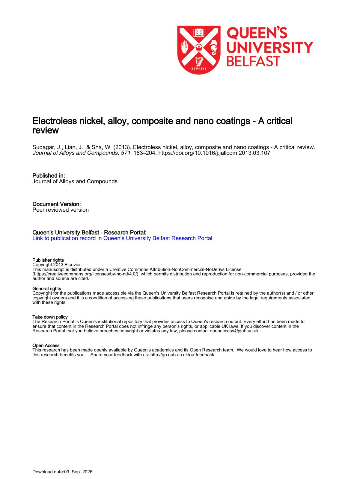 First page of 2013 Sudagar Electroless Nickel Alloy Composite Nano Coatings Review