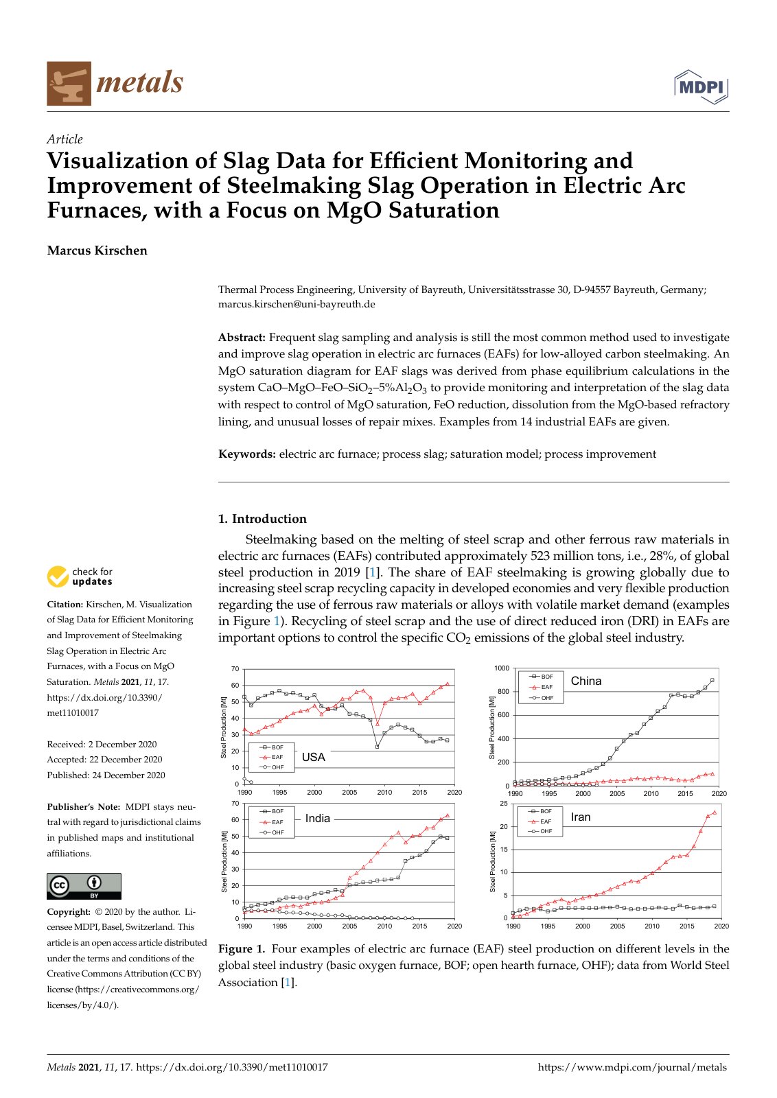 First page of Visualization of Slag Data for Efﬁcient Monitoring and Improvement of Steelmaking Slag Operation in Electric Arc Furnaces, with a Focus on MgO Saturation