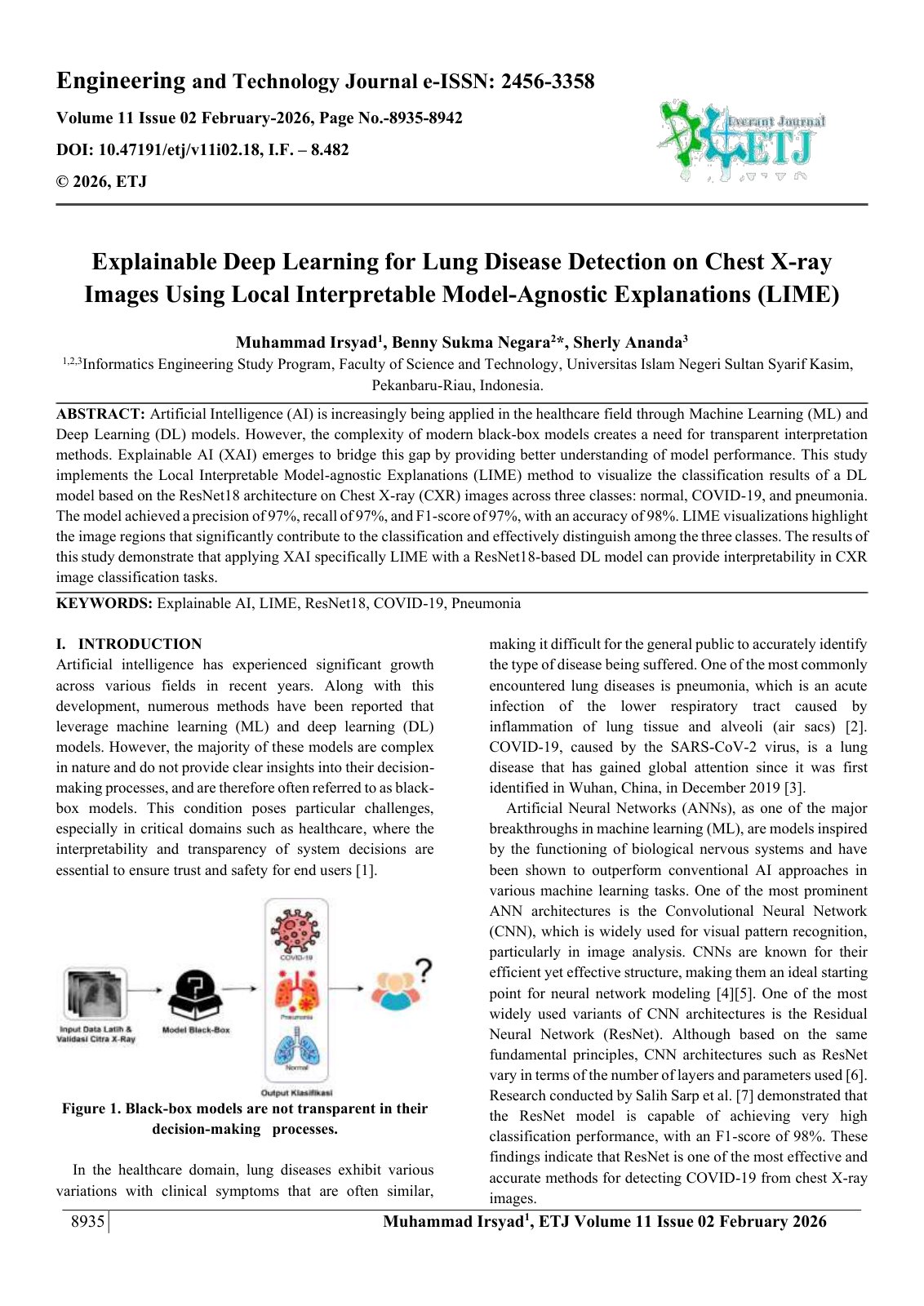 First page of Explainable Deep Learning for Lung Disease Detection on Chest X-ray  Images Using Local Interpretable Model-Agnostic Explanations (LIME) 