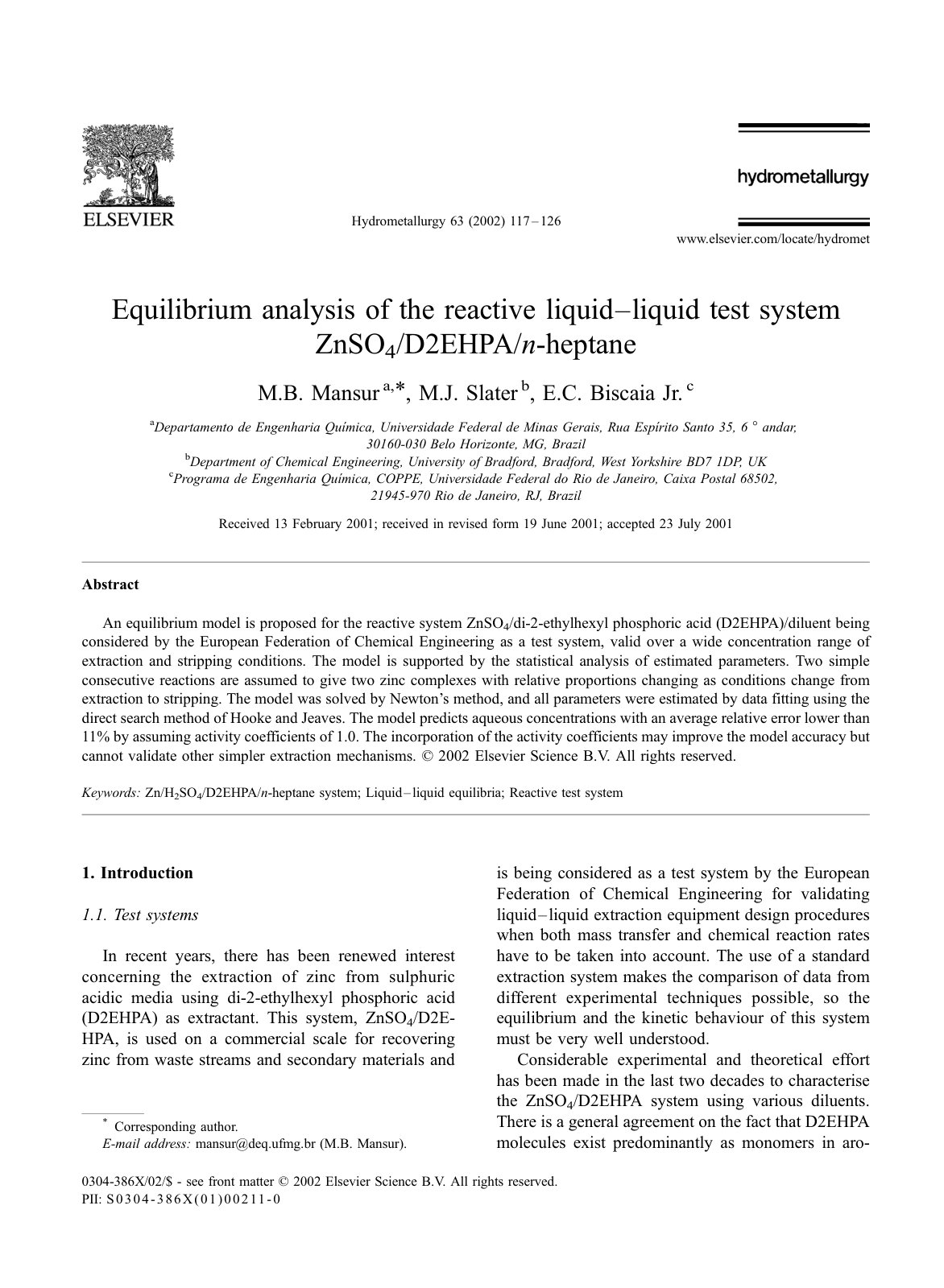 First page of Equilibrium analysis of the reactive liquid–liquid test system ZnSO4/D2EHPA/n-heptane
