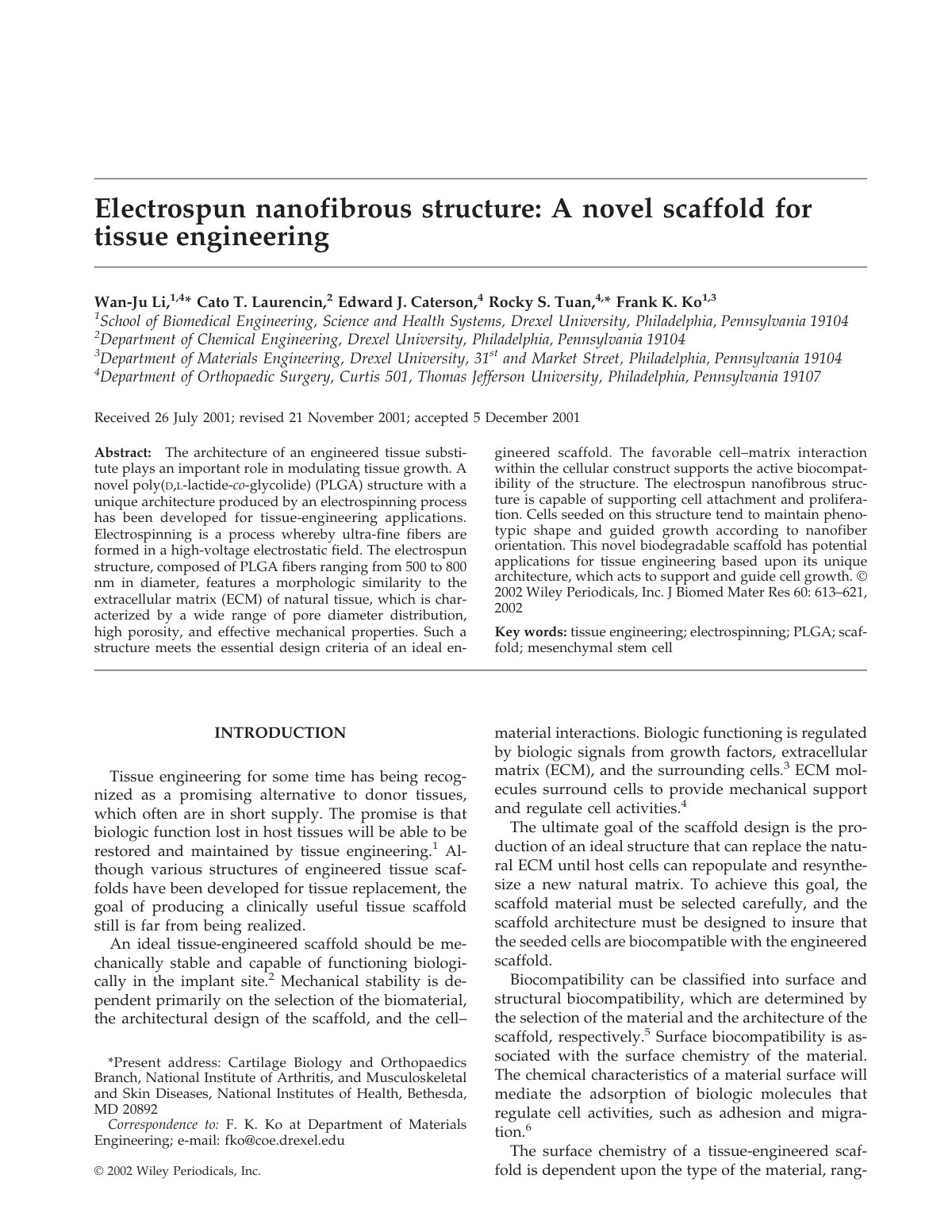 First page of Electrospun nanofibrous structure A nove